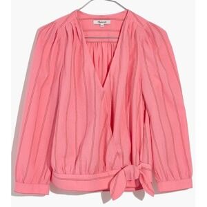MADEWELL Womens Cecilia Wrap Top Long Sleeve Blouse Striped Tie Front Pink‎ Sz M